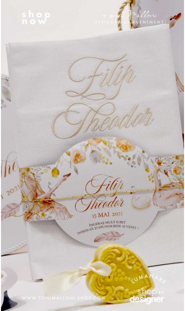 Trusou special creat pentru baieti gingas si elegant alb gold cu lebede Swan Boy 1